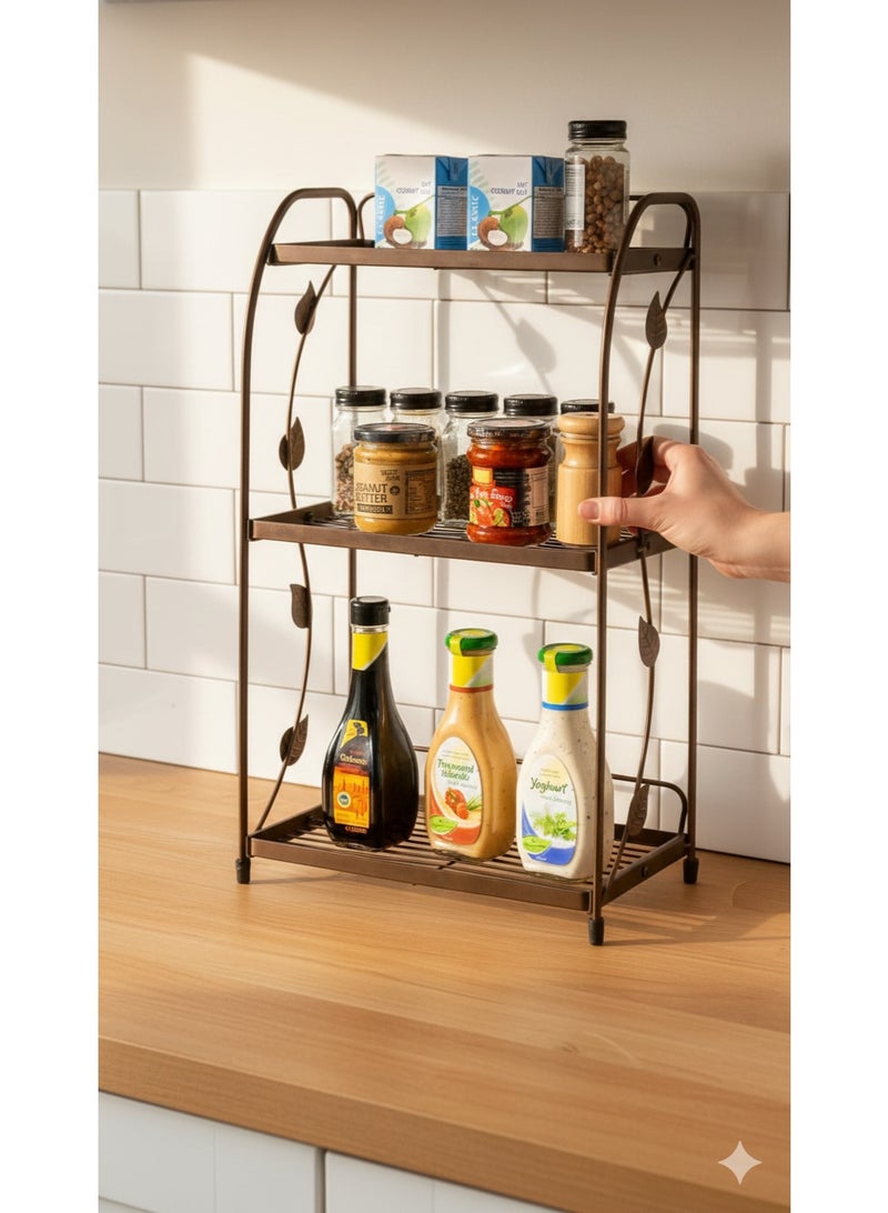 3-Tier Metal Organizer Rack – Multi-Purpose Wire Shelf for Bathroom, Kitchen, Bedroom, and Office – Vintage Bronze Coated Iron Storage Stand with Decorative Leaf Design – Spice Rack, Oil Rack, Cosmetic Organizer, Toiletry Holder, and Personal Care Storage – Slim Space-Saving Wire Shelves with Dimensions 56.5 cm Height × 31.5 cm Width × 17 cm Depth, Easy Cleaning, Ventilated Shelving, Sturdy Metal Frame with Non-Slip Rubber Feet – Multi-Functional Storage Solution for Bottles, Jars, Creams, and Small Containers - Image 4